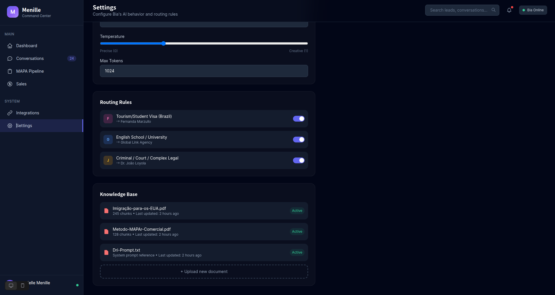 Configurações de imigração